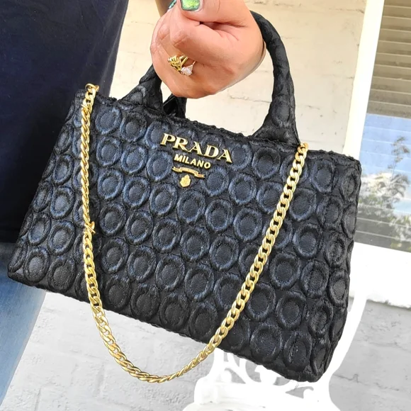 Prada Black Textured Handbag with Gold Chain - Picture 2 of 12